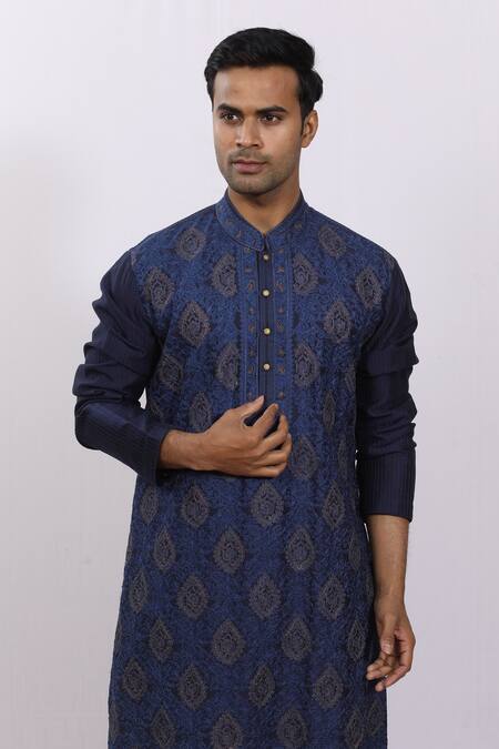 Shop_Sankalan - Men_Blue Chanderi Silk Floral Embroidered Kurta_Online_at_Aza_Fashions
