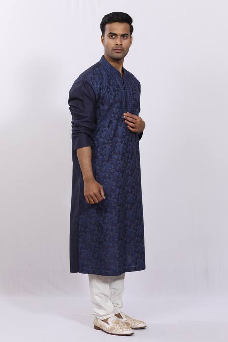 Sankalan - Men_Blue Chanderi Silk Floral Kurta_Online_at_Aza_Fashions