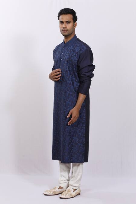 Buy_Sankalan - Men_Blue Chanderi Silk Floral Kurta_Online_at_Aza_Fashions