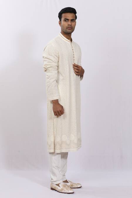 Sankalan - Men_White Georgette Embroidered Floral Work Kurta _Online_at_Aza_Fashions