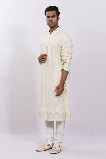 Buy_Sankalan - Men_White Georgette Embroidered Floral Work Kurta _Online_at_Aza_Fashions