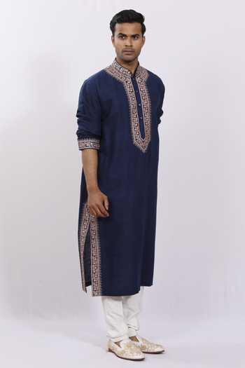 Sankalan - Men_Blue Matka Silk Embroidered Kurta_Online_at_Aza_Fashions