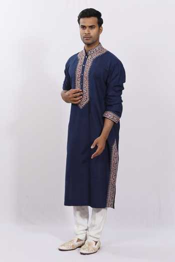 Buy_Sankalan - Men_Blue Matka Silk Embroidered Kurta_Online_at_Aza_Fashions