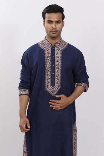 Shop_Sankalan - Men_Blue Matka Silk Embroidered Kurta_Online_at_Aza_Fashions