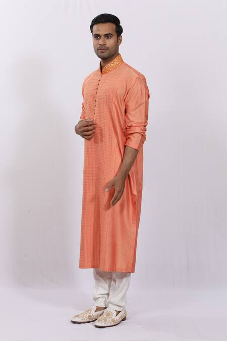 Buy_Sankalan - Men_Orange Cotton Silk Pintuck Detailed Kurta_Online_at_Aza_Fashions