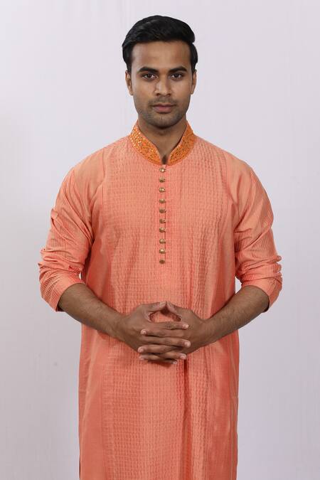 Shop_Sankalan - Men_Orange Cotton Silk Pintuck Detailed Kurta_Online_at_Aza_Fashions