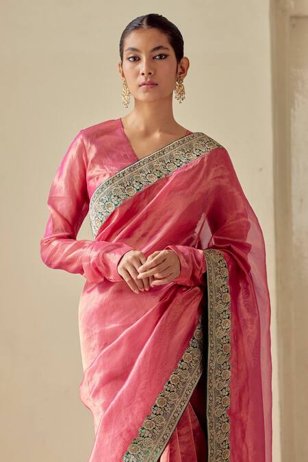 Mimamsaa_Magenta Tissue Woven Floral V Neck Sanyogita Blouse_Online_at_Aza_Fashions