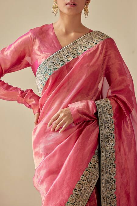 Shop_Mimamsaa_Magenta Tissue Woven Floral V Neck Sanyogita Blouse_Online_at_Aza_Fashions