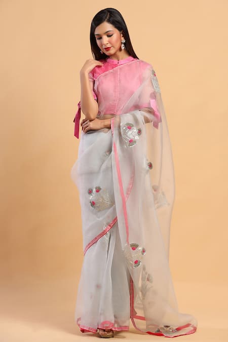 Ruar India Embroidered Organza Saree With Blouse 