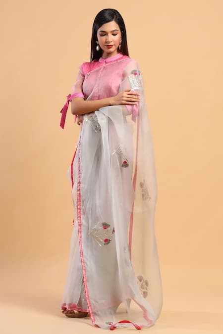Shop Ruar India Grey Organza High Neck Embroidered Saree With Blouse at Aza Fashions Shop_Ruar India_Grey Organza High Neck Embroidered Saree With Blouse _at_Aza_Fashions