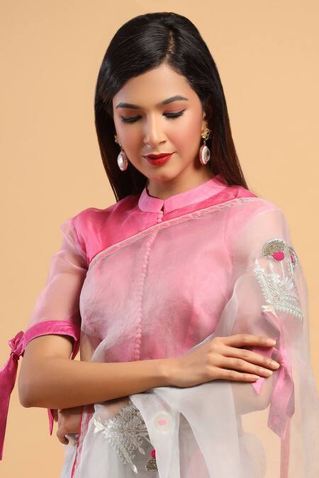 Ruar India Grey Organza High Neck Embroidered Saree With Blouse Online at Aza Fashions Ruar India_Grey Organza High Neck Embroidered Saree With Blouse _Online_at_Aza_Fashions