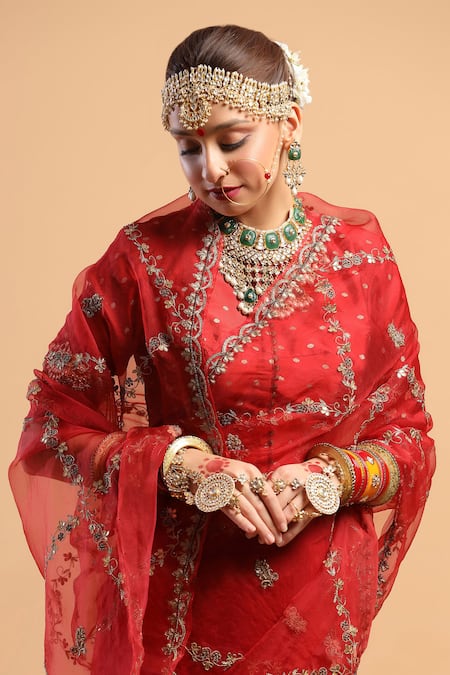 Buy_Ruar India_Red Saree Organza High Neck Embroidered With Blouse_Online_at_Aza_Fashions