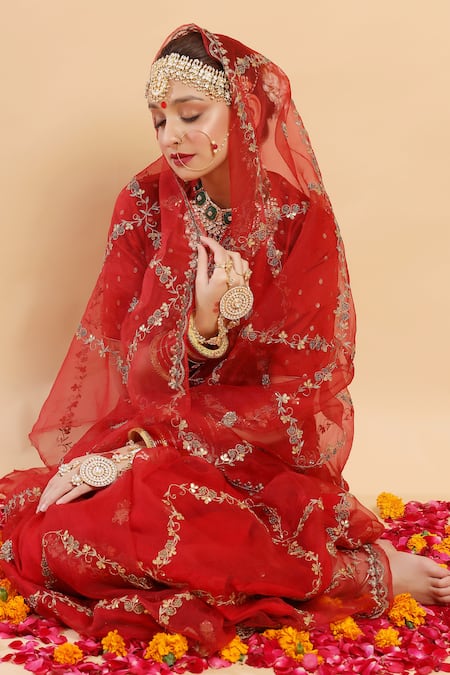 Shop_Ruar India_Red Saree Organza High Neck Embroidered With Blouse_Online_at_Aza_Fashions