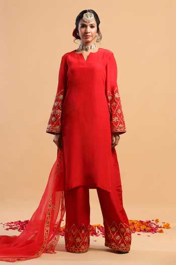 Ruar India_Red Silk, Organza Notched Embroidered Kurta Set_Online_at_Aza_Fashions