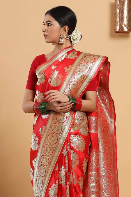 Ruar India_Red Katan Silk Banarasi Saree With Unstitched Blouse Fabric._Online_at_Aza_Fashions