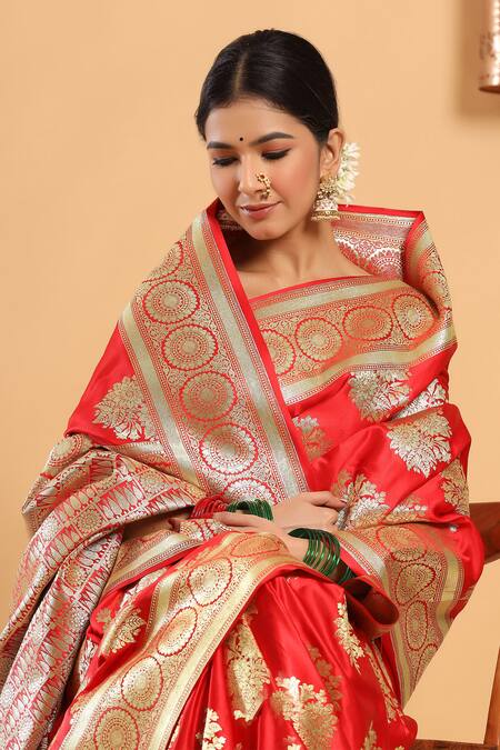 Buy Red Katan Silk Banarasi Saree Online in USA with Floral Zari Jaal –  Pure Elegance