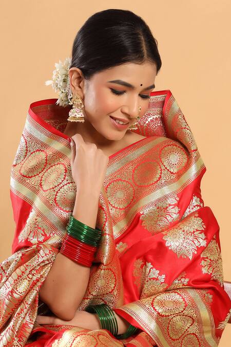 Shop_Ruar India_Red Katan Silk Banarasi Saree With Unstitched Blouse Fabric._Online_at_Aza_Fashions