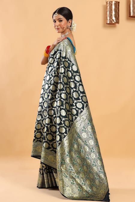 Shop Ruar India Green Katan Silk Pure Banarasi Saree With Blouse at Aza Fashions Shop_Ruar India_Green Katan Silk Pure Banarasi Saree With Blouse_at_Aza_Fashions