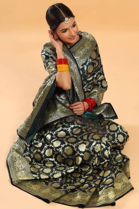 Shop Ruar India Green Katan Silk Pure Banarasi Saree With Blouse Online at Aza Fashions Shop_Ruar India_Green Katan Silk Pure Banarasi Saree With Blouse_Online_at_Aza_Fashions