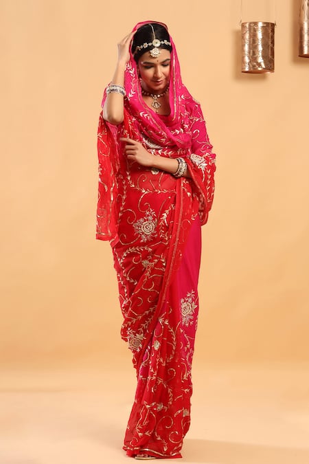 Buy_Ruar India_Red Saree Chiffon Embroidered With Blouse _Online_at_Aza_Fashions