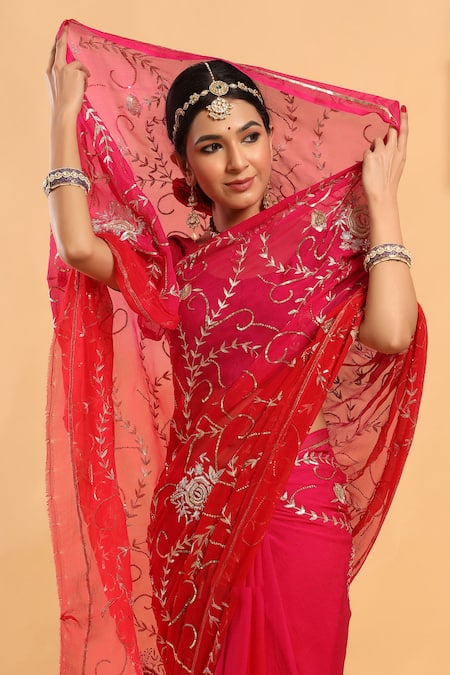 Shop_Ruar India_Red Saree Chiffon Embroidered With Blouse _Online_at_Aza_Fashions