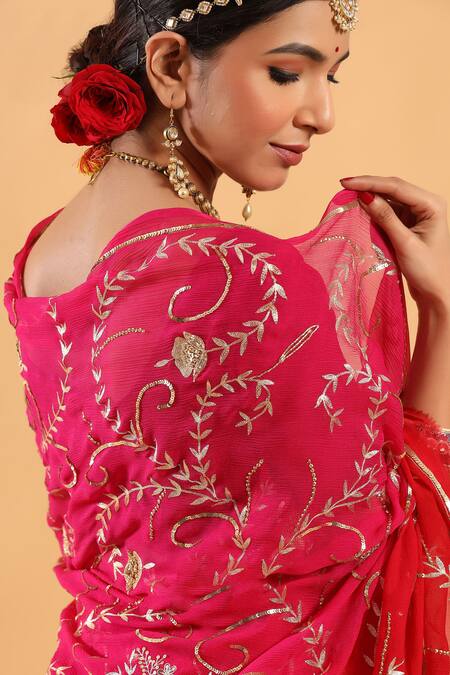 Ruar India_Red Saree Chiffon Embroidered With Blouse _at_Aza_Fashions