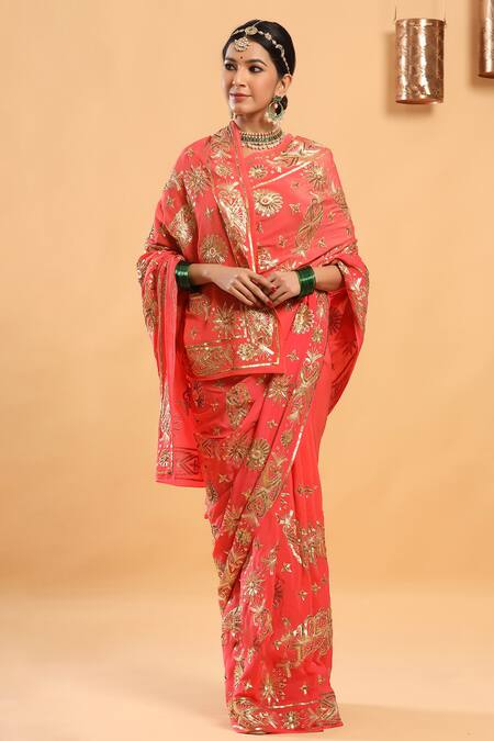 Ruar India Peach Crepe Embroidered Saree With Blouse Online at Aza Fashions Ruar India_Peach Crepe Embroidered Saree With Blouse _Online_at_Aza_Fashions