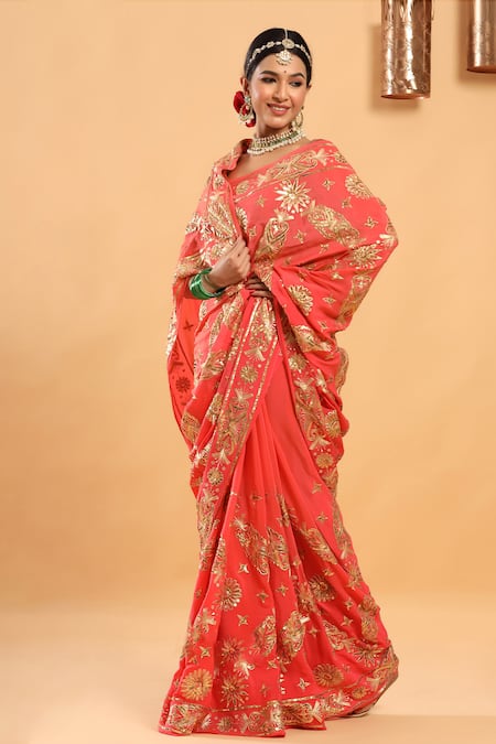 Buy Ruar India Peach Crepe Embroidered Saree With Blouse Online at Aza Fashions Buy_Ruar India_Peach Crepe Embroidered Saree With Blouse _Online_at_Aza_Fashions