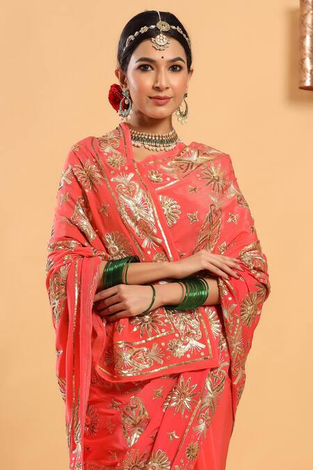 Shop Ruar India Peach Crepe Embroidered Saree With Blouse Online at Aza Fashions Shop_Ruar India_Peach Crepe Embroidered Saree With Blouse _Online_at_Aza_Fashions