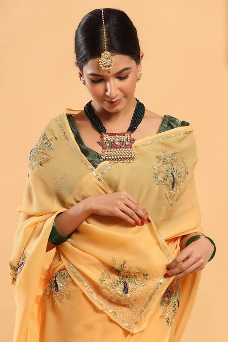 Shop_Ruar India_Yellow Chiffon Placement Embroidered Saree With Blouse _Online_at_Aza_Fashions