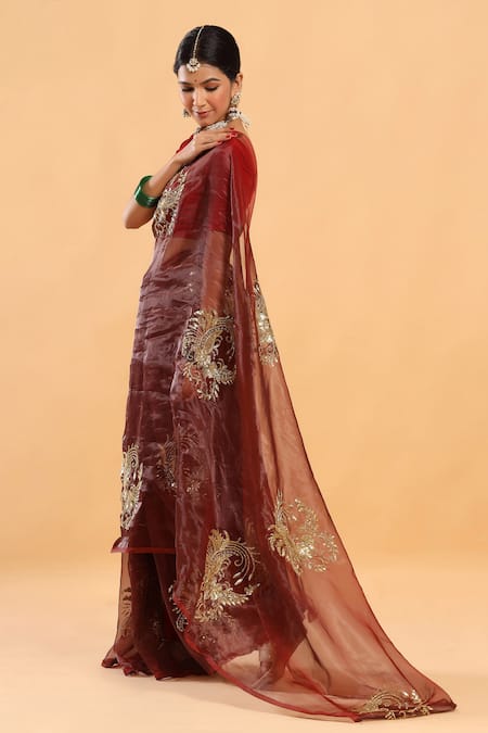 Ruar India_Maroon Tissue Placement Embroidered Saree With Blouse _Online_at_Aza_Fashions