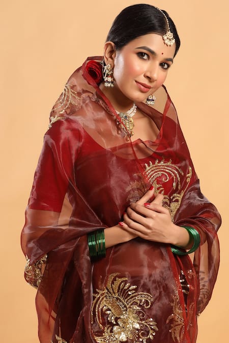 Buy_Ruar India_Maroon Tissue Placement Embroidered Saree With Blouse _Online_at_Aza_Fashions