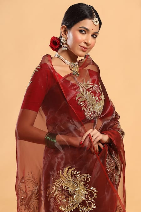 Shop_Ruar India_Maroon Tissue Placement Embroidered Saree With Blouse _Online_at_Aza_Fashions