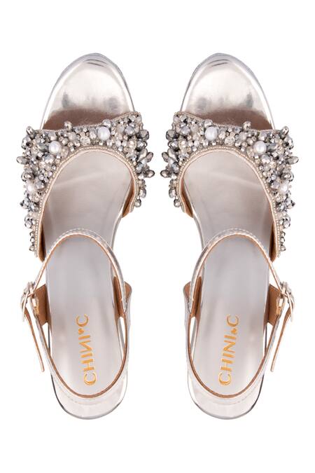 Chini C_Silver Embroidered Open Toe Ankle Strap Wedges_Online_at_Aza_Fashions