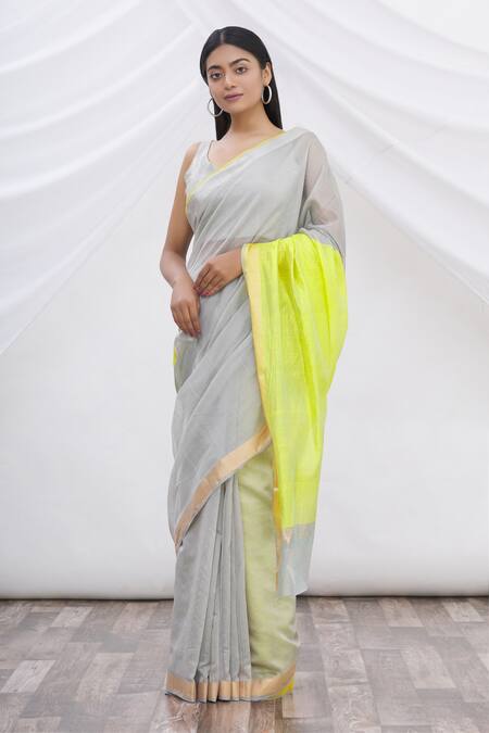 Shop_Mint N Oranges_Grey Chanderi Saree _Online_at_Aza_Fashions