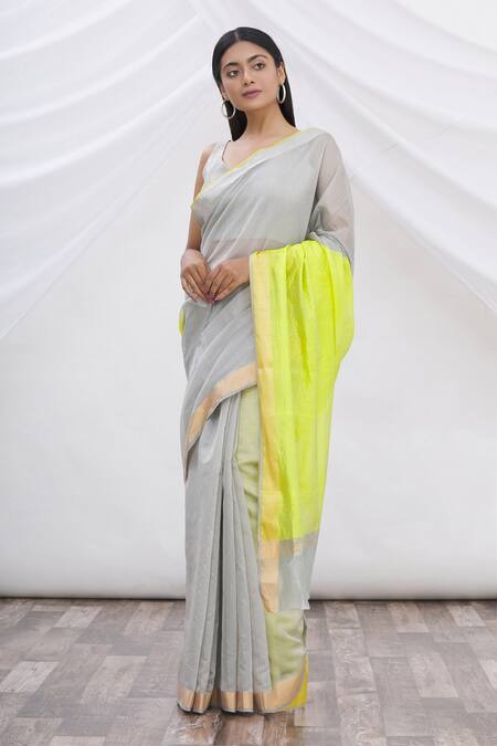 Buy_Mint N Oranges_Grey Chanderi Saree _Online_at_Aza_Fashions