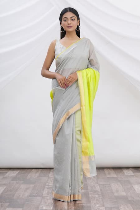 Mint N Oranges_Grey Chanderi Saree _Online_at_Aza_Fashions