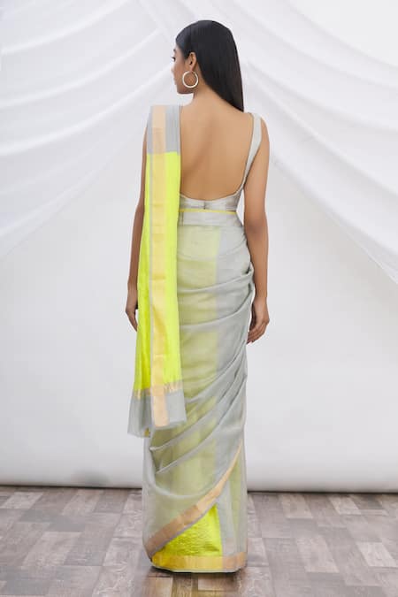 Shop_Mint N Oranges_Grey Chanderi Saree _at_Aza_Fashions
