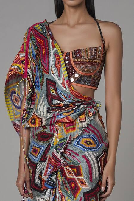 Saaksha & Kinni_Multi Color Chiffon Abstract Print Draped Dress_Online_at_Aza_Fashions