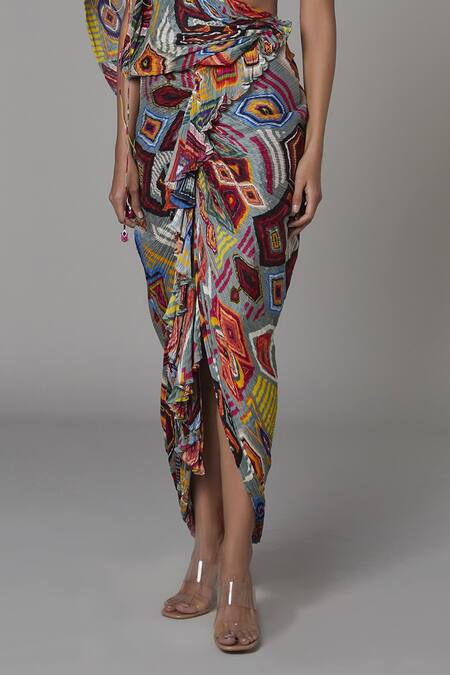 Buy_Saaksha & Kinni_Multi Color Chiffon Abstract Print Draped Dress_Online_at_Aza_Fashions