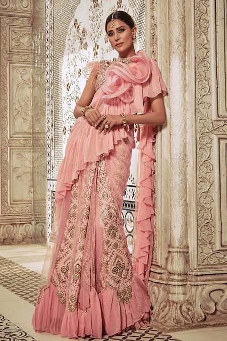 Shop Archana Kochhar Pink Organza, Net, Georgette Thread, Ruffle Saree With Embroidered Blouse at Aza Fashions Shop_Archana Kochhar_Pink Organza, Net, Georgette Thread, Ruffle Saree With Embroidered Blouse _at_Aza_Fashions