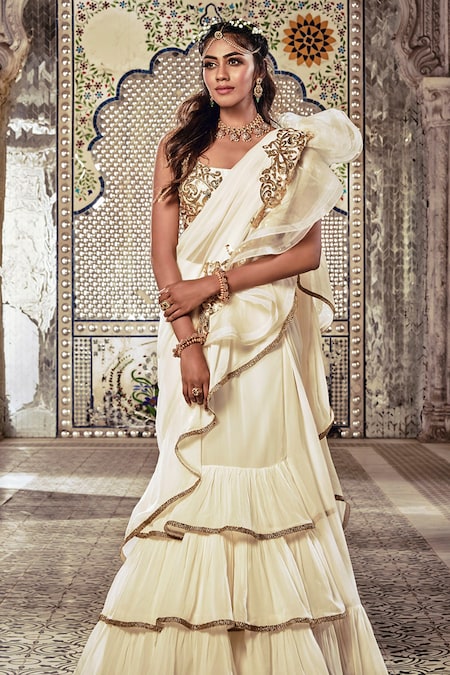 Cream & sand garden print ruffle sari set. – Arpita Mehta Official