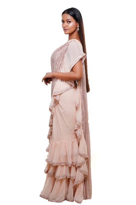 Archana Kochhar_Pink Georgette Sequins V-neck Pre-draped Embellished Saree With Blouse _Online_at_Aza_Fashions