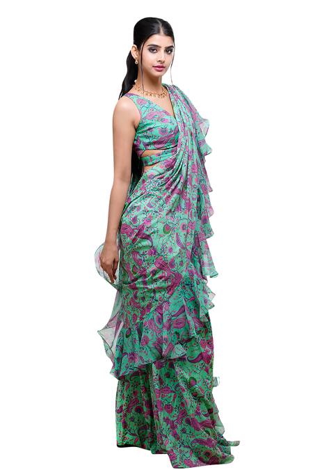 Archana Kochhar_Green Georgette, Lycra V-neck Pre-draped Paisley Print Saree With Blouse _Online_at_Aza_Fashions
