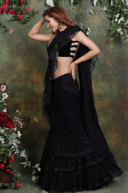 Archana Kochhar Black Organza Blouse Velvet, Saree Georgette Mirror And Pre-draped Ruffle With Online at Aza Fashions Archana Kochhar_Black Organza Blouse Velvet, Saree Georgette Mirror And Pre-draped Ruffle With _Online_at_Aza_Fashions