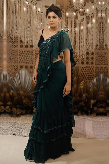 Buy Green Saree Georgette Ruffle With Velvet Sleeveless Blouse For