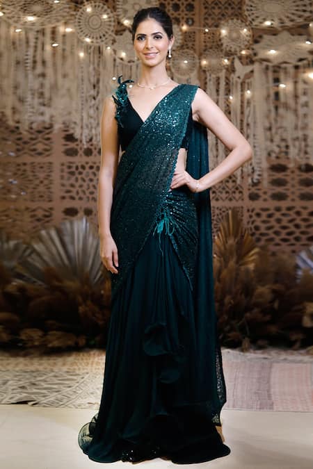 Archana Kochhar - Green Saree Georgette Ruffle With Velvet Sleeveless  Blouse For Women