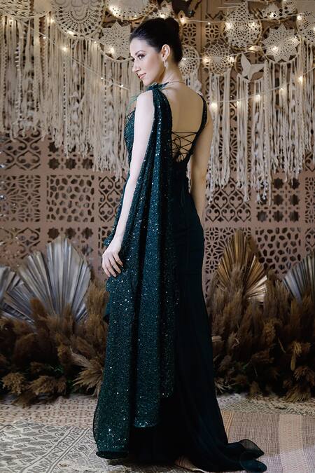 Archana Kochhar_Green Georgette Sequin, Faux Feathers V Neck Ruffle Saree Gown _Online_at_Aza_Fashions