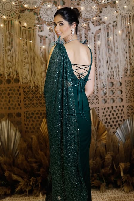 Shop_Archana Kochhar_Green Georgette Sequin, Faux Feathers V Neck Embroidered Saree Gown _at_Aza_Fashions