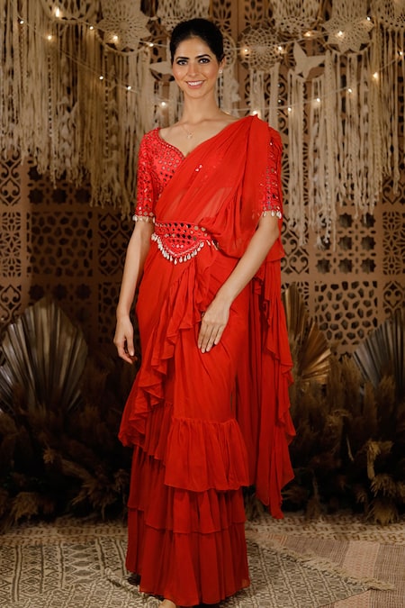 Buy Jam Red Ruffle Saree For Women Online